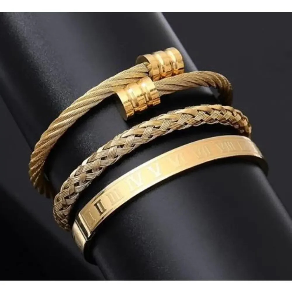 3PCS Stainless Steel Bracelets Gold Roman Numeral Bangle Bracelet